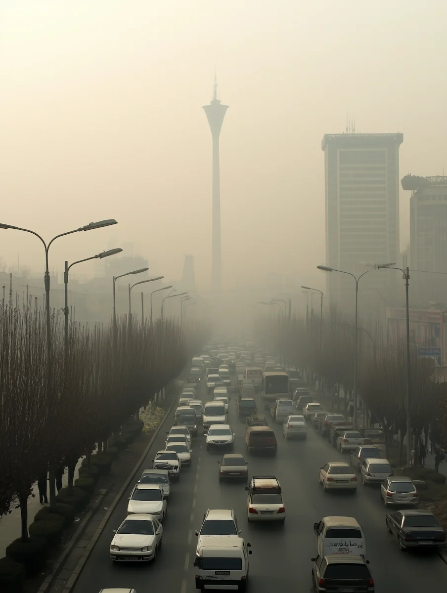 Urban traffic moving through smog