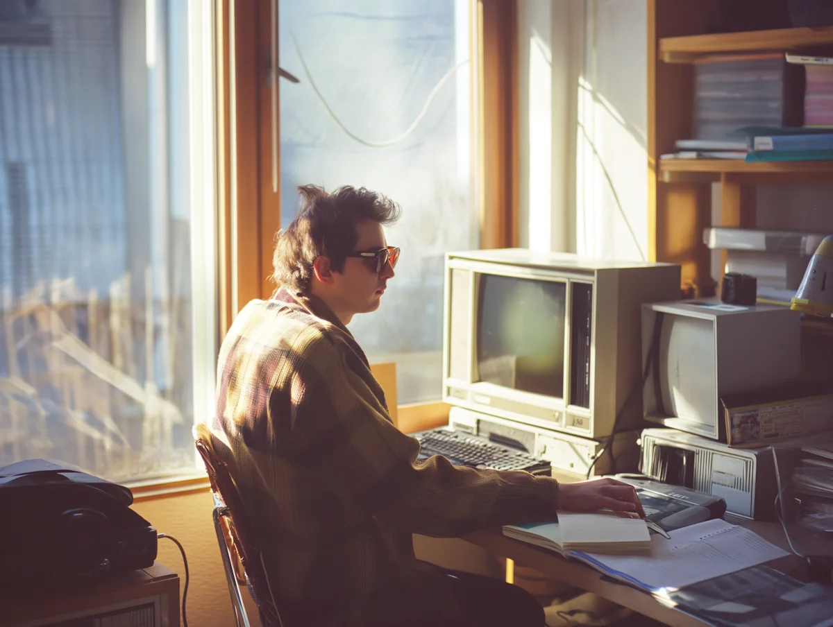 A person contemplating a retro computer